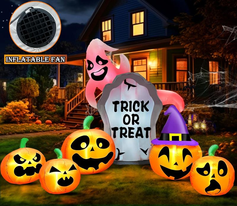 Photo 1 of [ Extra Long ] 12 Ft Halloween Inflatables Outdoor Decorations Pumpkin,Ghost Tombstone Witch Blow Up Pumpkin with Build-in LEDs,Halloween Inflatables for Front Yard, Porch, Lawn or Halloween Party

