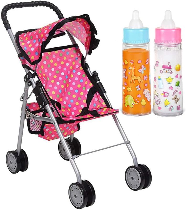 Photo 1 of fash n kolor - My First Baby Doll Stroller - Pink Polka Dot Doll Stroller with Basket- Soft Grib Handle. Foldable with Hood Toy Doll Pram Baby Doll Accessories. With 2 Free Bonus Doll Bottles Included
