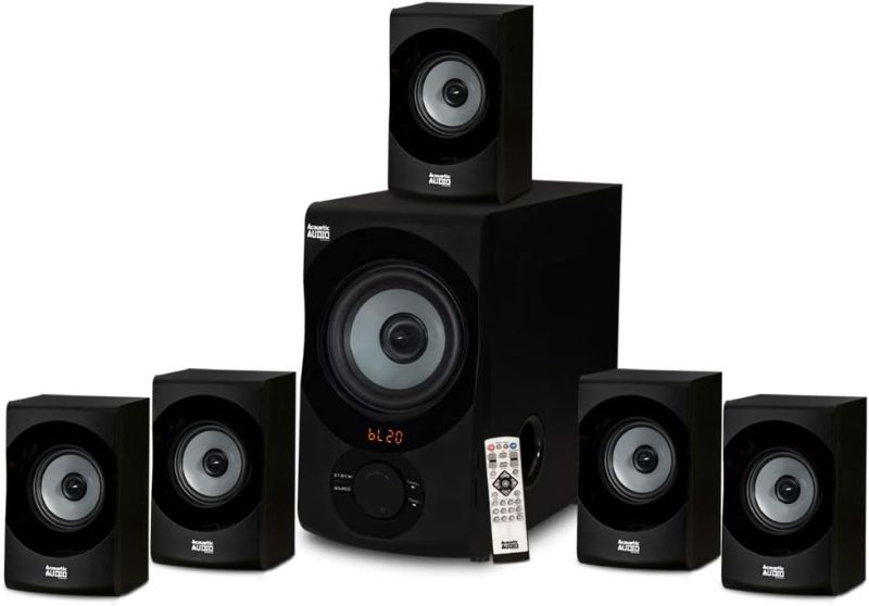 Photo 1 of Acoustic Audio AA5172 700W Bluetooth Home Theater 5.1 Speaker System with FM Tuner, USB, SD Card, Remote Control, Powered Sub (6 Speakers, 5.1 Channels, Black with Gray)

