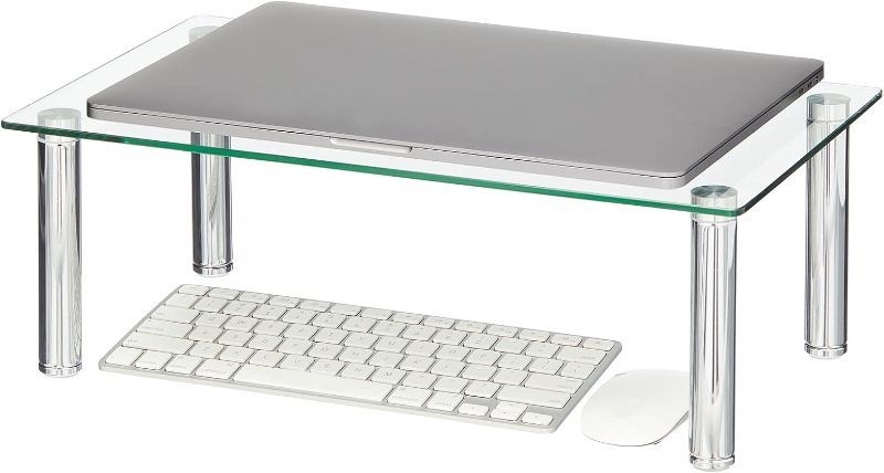 Photo 1 of mDesign Flat Glass Platform Table - Large Riser Shelf for Laptop, Computer Screens, Notebook, Monitor, or TV Lift - Elevated Stand for Home Office, Desk, Dresser, or Counter - Chrome/Clear
