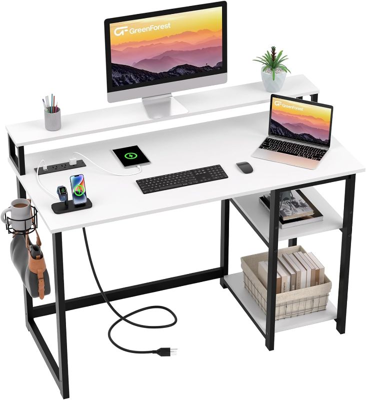 Photo 1 of GreenForest Computer Desk with USB Charging Port and Power Outlet, Home Office Desk with Monitor Stand and Reversible Storage Shelves for Small Space, 47 inch Work Desk with Cup Holder and Hook, White White 47 inch