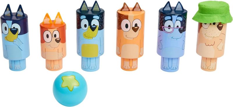 Photo 1 of BLUEY – Wooden Character “Skittles” Bowling, Indoor & Outdoor Bowling Play, 6 Character Pins and 1 Bowling Ball – FSC Certified for Children 3 Years and Up, Medium
