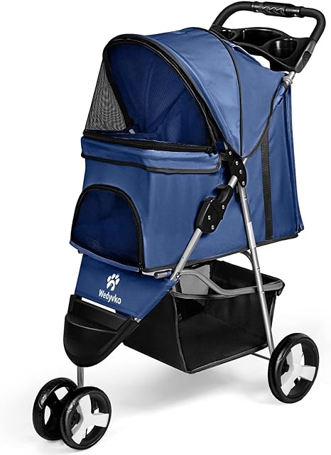 Photo 1 of Wedyvko Pet Stroller, 3 Wheel Foldable Cat Dog Stroller with Storage Basket and Cup Holder for Small and Medium Cats, Dogs, Puppy (Blue)