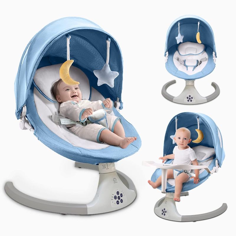 Photo 1 of ZRWD Baby Swing for Infants, 5 Speed Electric Bluetooth Baby Rocker for Newborn, 3 Timer Settings & 10 Pre-Set Lullabies, Portable Baby Swing with Tray and Remote Control for 5-26 lbs, 0-12 Months Blue