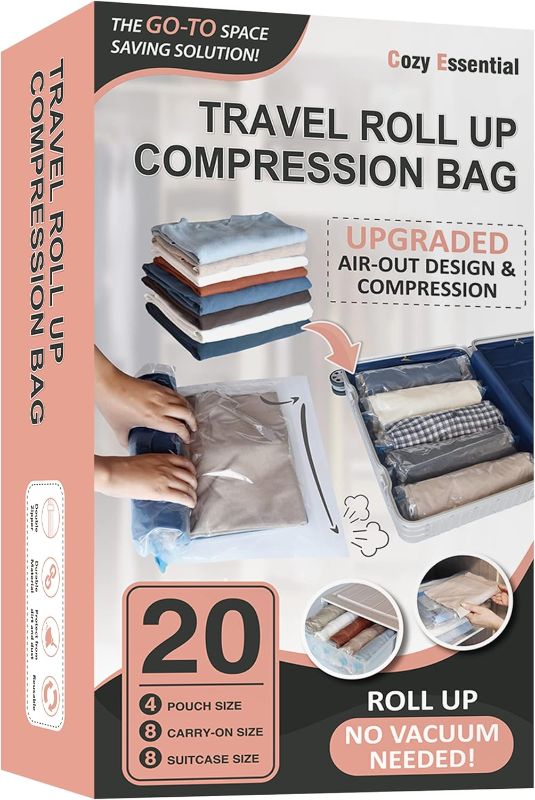 Photo 1 of 20 Travel Compression Bags Vacuum Packing, Roll Up Travel Space Saver Bags for Luggage, Cruise Ship Essentials (8 Large Roll/8 Medium Roll/4 Small Roll)