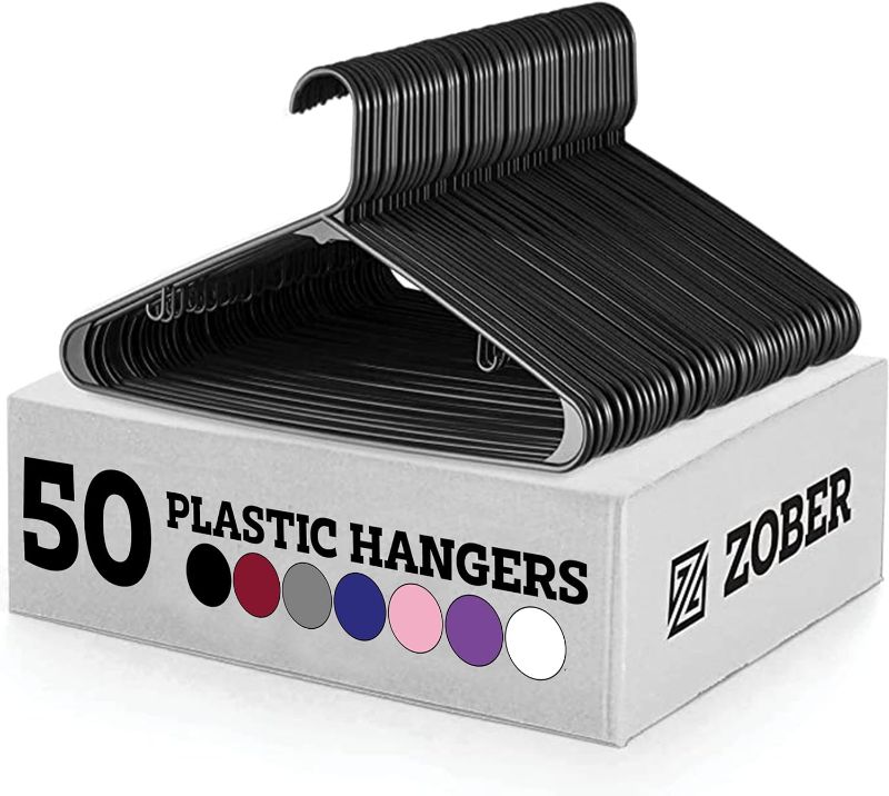 Photo 1 of Zober Plastic Hangers 50 Pack - Heavy Duty Black Plastic Hangers - Space Saving Clothes Hangers for Coats, Pants & for Everyday Use - Clothing Hangers with Hooks