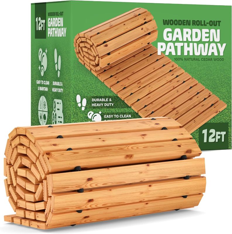 Photo 1 of Zyppio Roll-Out Garden Pathway, 12’ Long, Straight, Weather-Resistant Walkway for Outdoor Patios, Gardens, Beach Boardwalks, and Wedding Party Events, Natural Cedar Hardwood