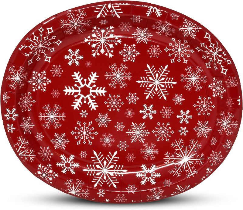 Photo 1 of 50 Count Christmas Oval Paper Plates Platter 10" x 12" Paper Disposable Red and White Snowflake Trays Holiday Serving Dish for Xmas Candy Cookie Dinner Plate Party Goods Wedding Event Supplies Decor