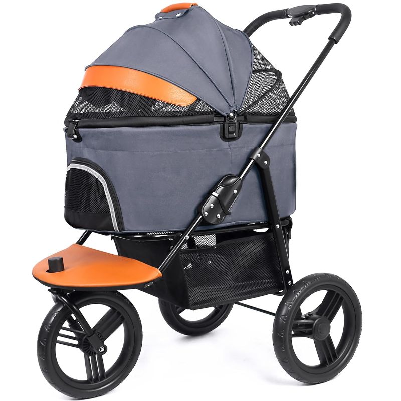 Photo 1 of Dog Stroller for Medium Small Dogs, 3in1 Pet Stroller Zipperless Dog Cat Jogger Stroller 3 Wheels with Detachable Dog Carriage, Storage Basket and One-Button Folding Frame for Pets Walk-Gray