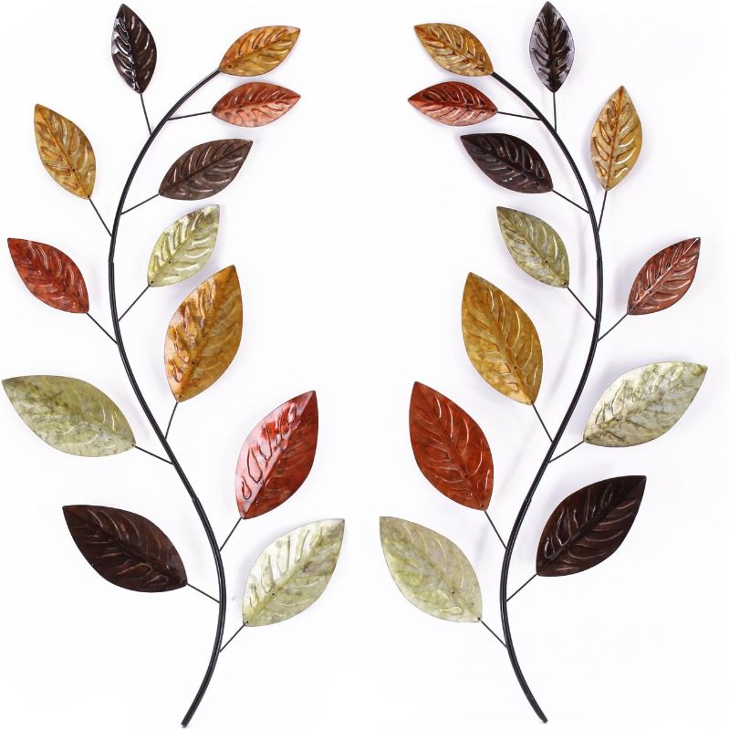 Photo 1 of Asense Set of 2 Metal Tree Leaf Wall Hanging Art Decor, 38 Inch Iron Olive Branch Leaf Home Sculptures for Bedroom Living Room Hotel Office