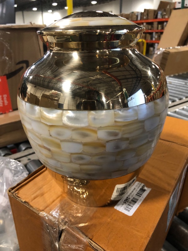 Photo 3 of Adult Cremation Urns For Human Ashes Large Size Both Men Women Funeral With Threaded Lid Handcrafted 9 Inches Light Gold Mother Of Pearl Urns for Ashes In Brass 210 CU Inches Of Adult Ashes Velvet Bag