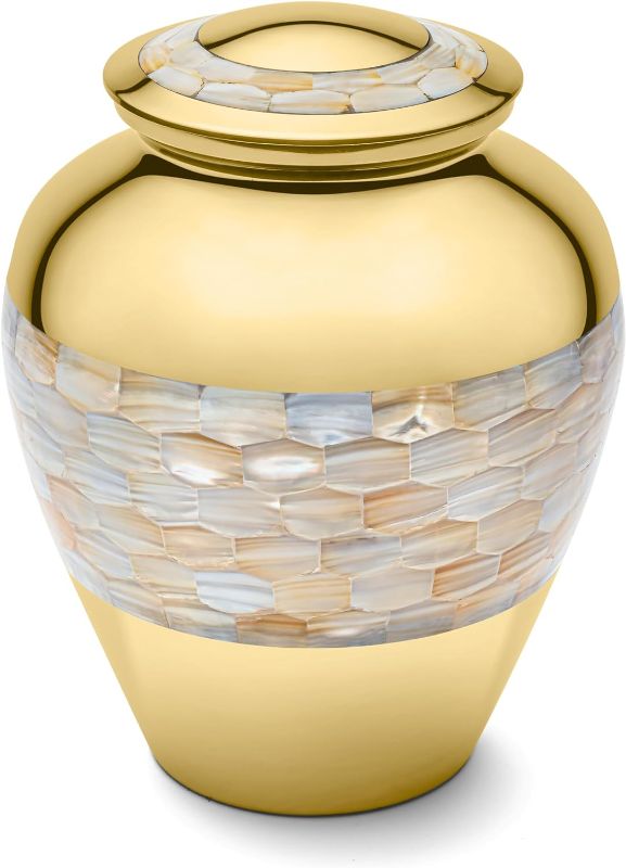 Photo 1 of Adult Cremation Urns For Human Ashes Large Size Both Men Women Funeral With Threaded Lid Handcrafted 9 Inches Light Gold Mother Of Pearl Urns for Ashes In Brass 210 CU Inches Of Adult Ashes Velvet Bag