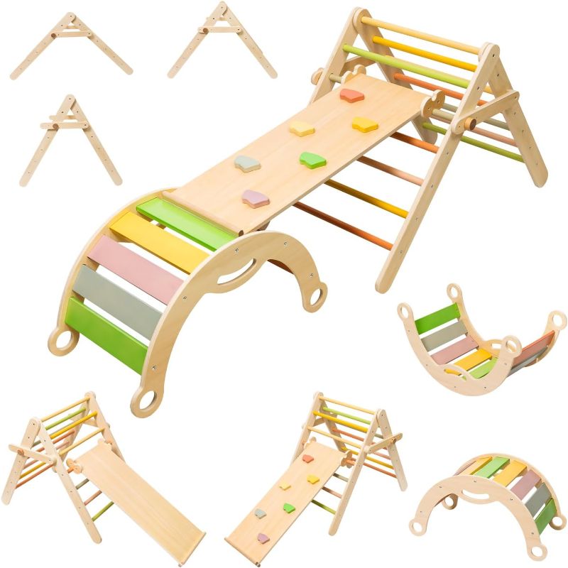 Photo 1 of BanaSuper Colorful 3 in 1 Climbing Triangle Ladder with Ramp & Arch Foldable Wooden Triangle Climber Set Montessori Climbing Toys for Kids Ourdoor Indoor Playground Play Gym Gift for Boys Girls