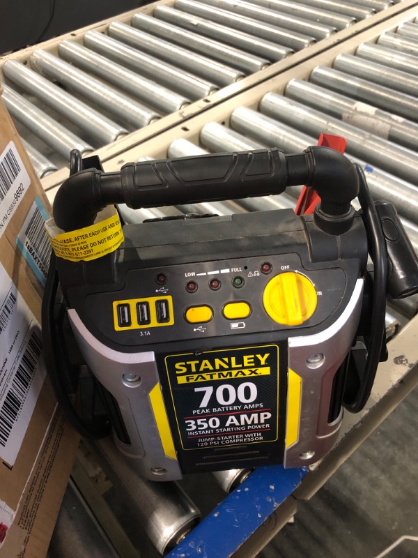 Photo 2 of STANLEY FATMAX J7CS Portable Power Station Jump Starter: 700 Peak/350 Instant Amps, 120 PSI Air Compressor, 3.1A USB Ports, Battery Clamps