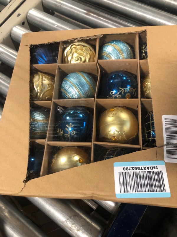 Photo 2 of 80mm/3.15" Luxury Navy and Gold Christmas Tree Ornaments Balls, 16 Pcs Shatterproof Plastic Baubles Decorations for Xmas Trees, Wreath, Garland, Party, Wedding (Blue and Gold) 16 Pcs, Blue and Gold