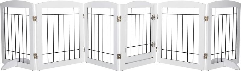 Photo 1 of (CHIPPED WOOD) Spirich Extra Wide Dog Gates with Walk Through Door, Wooden Freestanding Pet Gate for Dog, Dog Gate for The House, Doorway, Stairs, 120" Wide Pet Puppy Safety Fence with 6 Panels (White)
