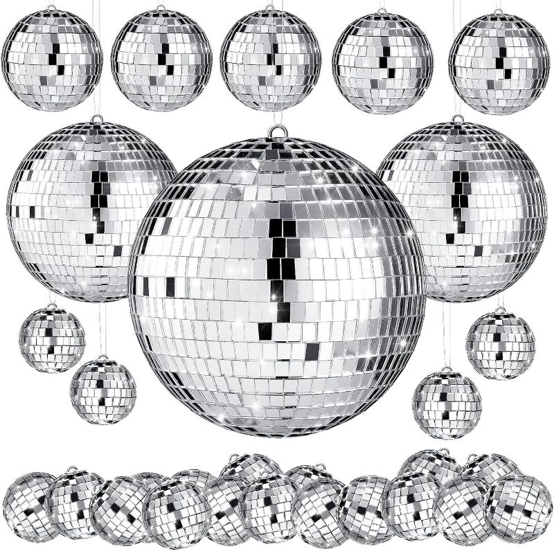 Photo 1 of 20 Pcs Hanging Mirror Disco Ball Ornaments Mardi Gras Assorted Silver Mini Glass Disco Balls Decoration Different Sizes Reflective with Rope(4 Inch, 3. 2 Inch, 2 Inch)