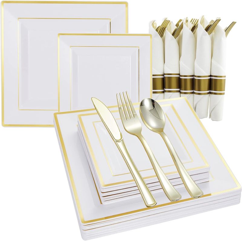Photo 3 of 20 Guests Square Plastic Plates and Disposable Silverware w/Per Rolled Napkins,Home Partie Plastic Dinnerware incl Dinner Plates,Dessert Plates,Linen Like Napkin,Plastic Cutlery?120Pieces