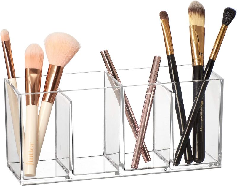 Photo 1 of Amazing Abby - Glamour - Acrylic 4-Compartment Makeup Organizer, Transparent Plastic Makeup Brush Holder, Perfect Bathroom Vanity Storage Solution for Makeup Brushes, Eyebrow Pencils, and More