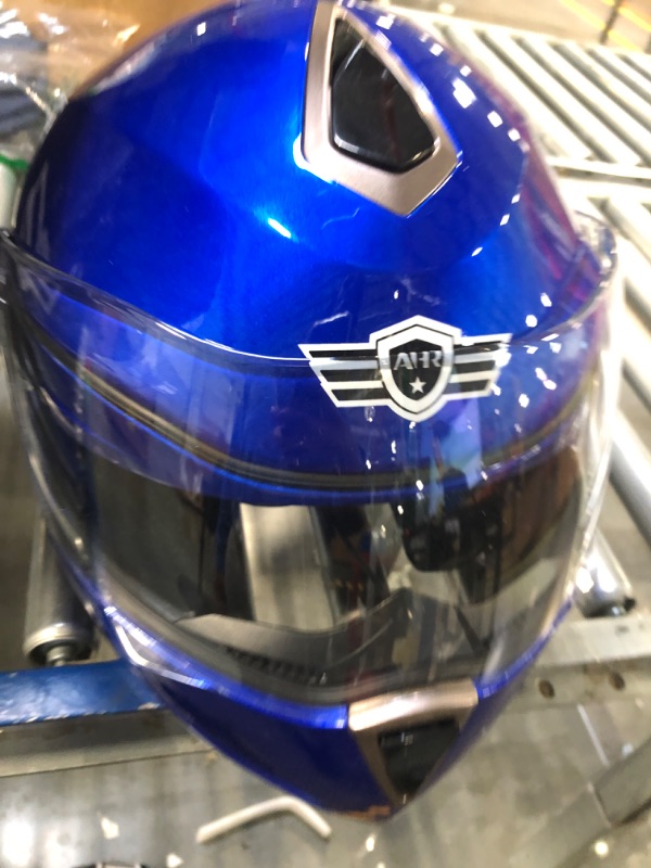 Photo 3 of AHR Run-M Full Face Bluetooth Motorcycle Helmet Flip Up Modular Helmet Dual Visors DOT Approved, M-XL Blue X-Large