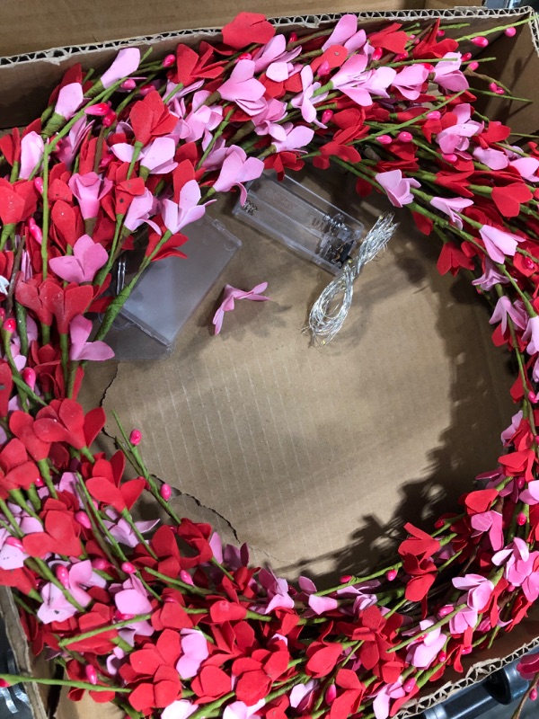 Photo 3 of 22 Inches Artificial Pink Forsythia Flower Wreath, Natural Vine Wreath, Spring/Summer Front Door Wreath with Hook and Light String, for Wedding Window Home Wall Indoor Front Door Decor Pink Forsythia Wreath