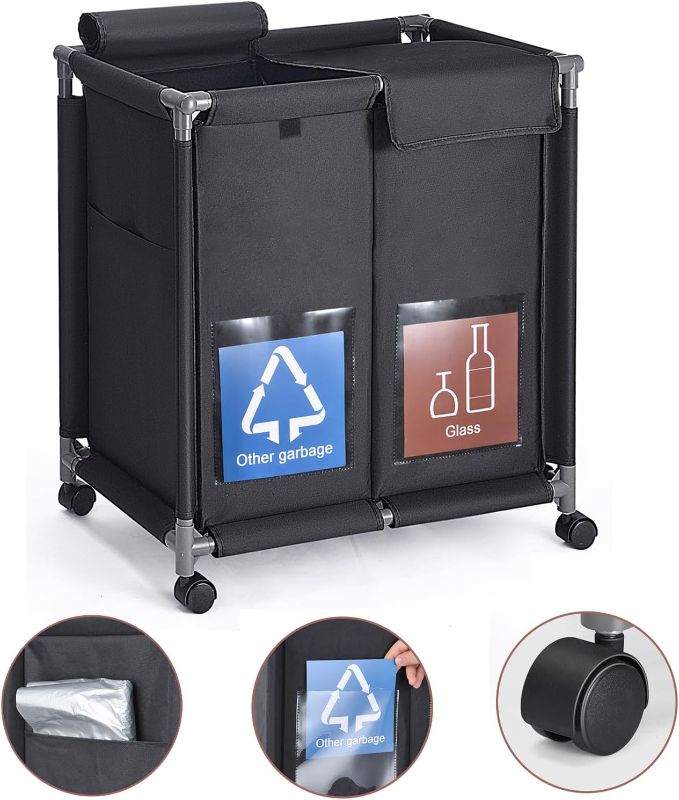 Photo 1 of 2 in 1 Garbage Recycle Sorting Basket,2 Cover Top Compartments with Wheels,2 Front Transparent Display Pockets 110L Large Capacity Perfect for Kitchen Office