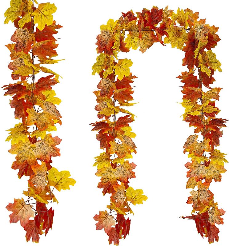 Photo 1 of Artificial Fall Maple Leaf Garlands 2Pack 102inch Length Fake Hanging Autumn Leaves Vine Decoration, Realistic Autumn Foliage Wreath Decor for Room and Garden Wall Aesthetic Indoor Outdoor