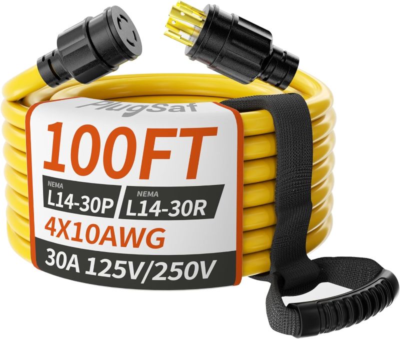 Photo 1 of 100FT 30 Amp Generator Extension Cord 4 Prong, NEMA L14-30P/L14-30R 10 Gauge STW 125/250V Twist Lock Generator Cord Heavy Duty, Yellow ETL Listed PlugSaf
