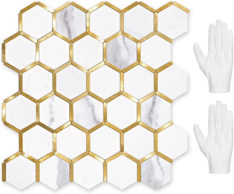 Photo 1 of  Hexagon Peel and Stick on Backsplash for Kitchen and Bathroom, White Marble Look PVC Mixed Metal Gold Self Adhesive Metal Mosaic Tilesb   ***BLACK, WHITE AND GOLD***