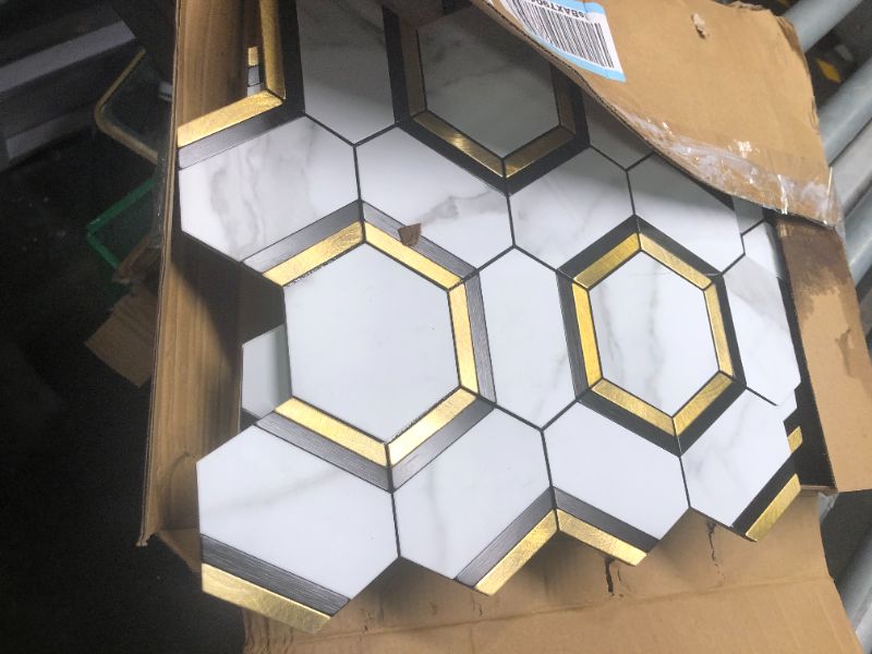 Photo 4 of  Hexagon Peel and Stick on Backsplash for Kitchen and Bathroom, White Marble Look PVC Mixed Metal Gold Self Adhesive Metal Mosaic Tilesb   ***BLACK, WHITE AND GOLD***