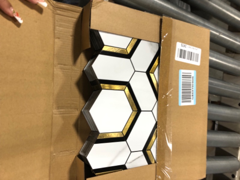 Photo 2 of  Hexagon Peel and Stick on Backsplash for Kitchen and Bathroom, White Marble Look PVC Mixed Metal Gold Self Adhesive Metal Mosaic Tilesb   ***BLACK, WHITE AND GOLD***