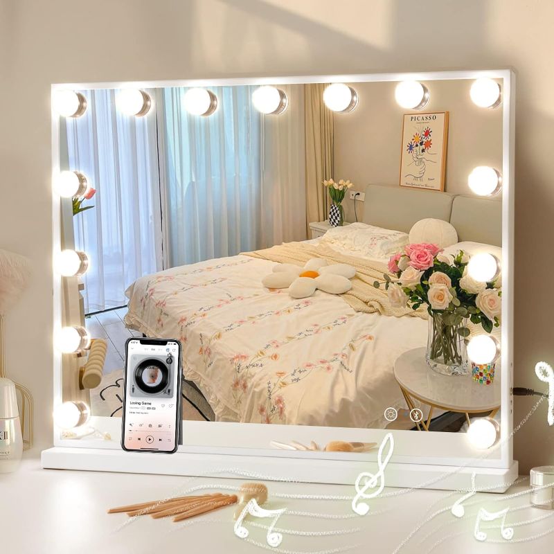 Photo 1 of COOLJEEN Vanity Mirror with Lights and Bluetooth, Hollywood Makeup Mirror with 15 Dimmable LED Bulbs and USB Charging Port, Lighted Vanity Mirror 3 Color Lighting Tabletop Makeup Mirror, Touch Control
