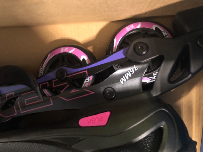 Photo 4 of 2PM SPORTS Vinal Girls Adjustable Flashing Inline Skates, All Wheels Light Up, Fun Illuminating Skates for Kids and Men- Azure Small (1Y-4Y US) Violet & Magenta Large - Youth (4-7 US)