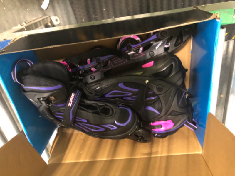 Photo 3 of 2PM SPORTS Vinal Girls Adjustable Flashing Inline Skates, All Wheels Light Up, Fun Illuminating Skates for Kids and Men- Azure Small (1Y-4Y US) Violet & Magenta Large - Youth (4-7 US)