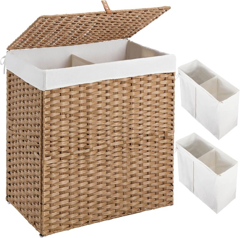Photo 1 of GREENSTELL Laundry Hamper with lid, No Install Needed, 110L Wicker Laundry Baskets Foldable 2 Removable Liner Bags, 2 Section Clothes Hamper Handwoven Rattan Laundry Basket with Handles, Natural