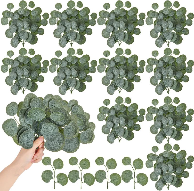 Photo 1 of 200 Pieces Artificial Fall Eucalyptus Stems Faux Leaves Stems Eucalyptus Stems with Fake Leaves Silver Dollar Leaves Vase Filler Wedding Baby Shower Flower Thanksgiving Decorations(Green)
