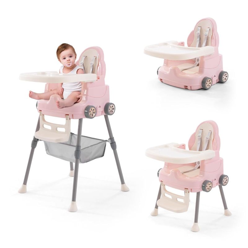 Photo 1 of High Chairs for Babies and Toddlers, Portable 3 in 1 High Chair, Adjustable Convertible Compact Infant Baby Feeding Chair Booster with Detachable Double Tray, 5 Point Harness, Foot Rest pink