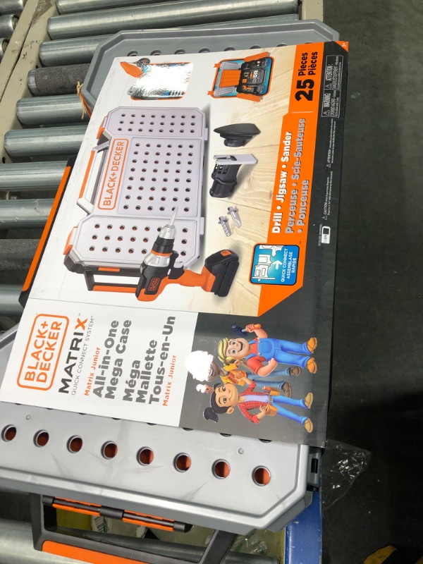 Photo 1 of Black+Decker Kids Tool Set All-in-One Mega Case Workshop with Electronic Toy Matrix Drill, Jigsaw and Sander Attachments, 25 Tools & Accessories, Play Tools for Toddlers & Kids