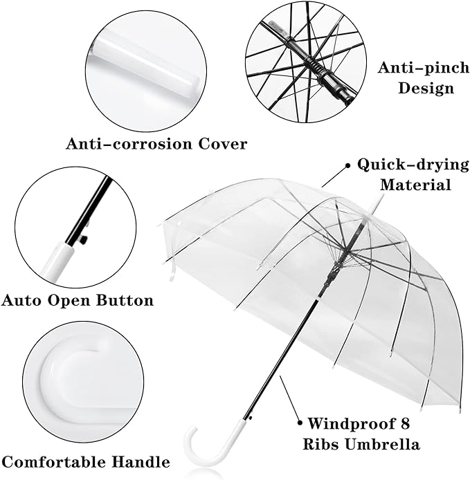 Photo 1 of R.HORSE 12 Pcs 46 Inch Clear Bubble Umbrella J Handle Automatic Open Umbrellas Large Transparent Windproof Waterproof Stick Umbrella for Men and Women Wedding Ceremony Event
