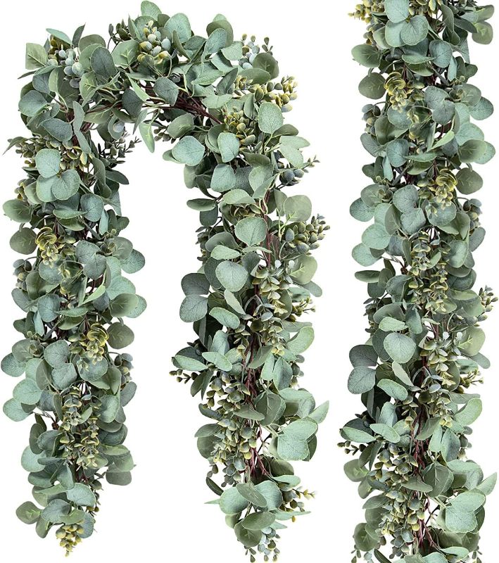 Photo 1 of 2 Pack Eucalyptus Garland Total 13.1 Ft Lush Silver Dollar Eucalyptus Leaves Artificial Greenery Garland Decor Fake Boxwood Ivy Vines for Baby Shower Wedding Party Table Mantle Home Decorations Green 2 Pack