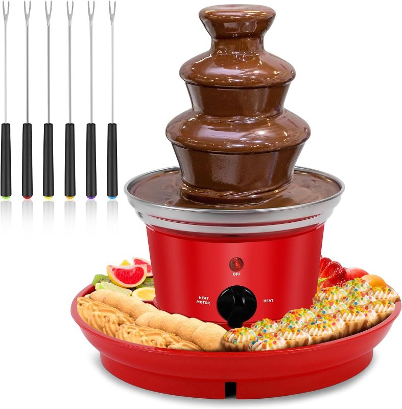 Photo 1 of 3-Tier Electric Melting Machine,20-OZ Chocolate Fountain with 6Pcs Forks and Removable Serving Tray,Mini Hot Chocolate Fondue Pot Fountain Party Fondue for for Nacho Cheese, BBQ Sauce
