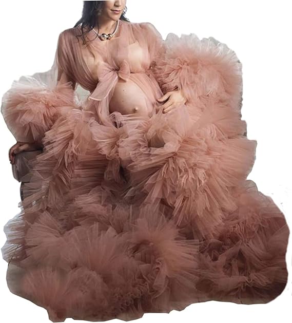 Photo 1 of BATHGOWN Tulle Robe for Maternity Photoshoot Sheer Puffy Burgundy Dressing Gown Long Wedding Scarf
