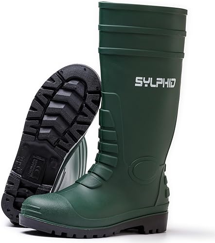 Photo 1 of SYLPHID PVC Rubber Work Boots for Men Waterproof Men's Rain Boots with Steel Toe Steel Shank Mens Agriculture Knee Boots for Gardening Yard Work SIZE 9