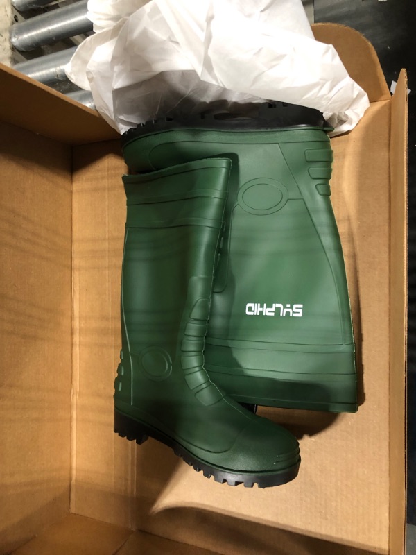 Photo 1 of SYLPHID PVC Rubber Work Boots for Men Waterproof Men's Rain Boots with Steel Toe Steel Shank Mens Agriculture Knee Boots for Gardening Yard Work SIZE 9