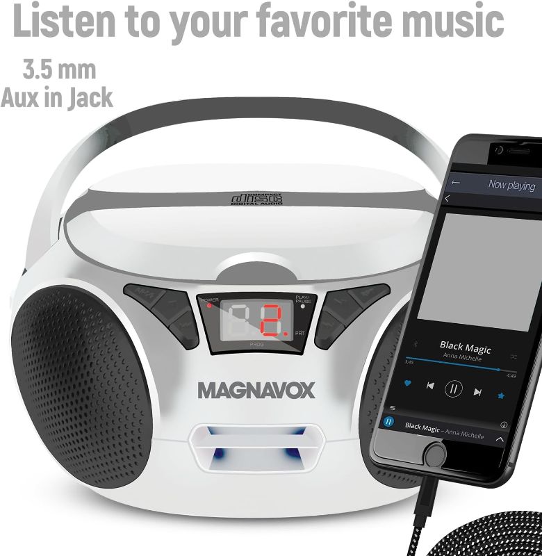 Photo 1 of Magnavox MD6924-WH Portable Top Loading CD Boombox with AM/FM Stereo Radio in White and Black | CD-R/CD-RW Compatible | LED Display | AUX Port Supported | Programmable CD Player |