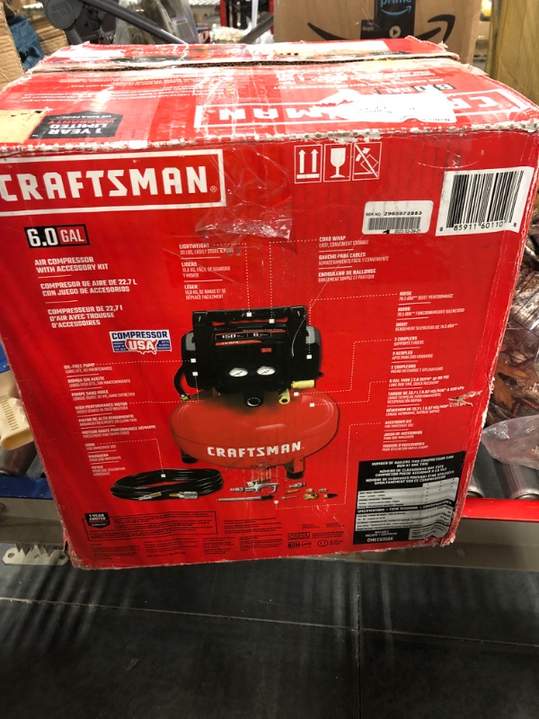 Photo 2 of ***FOR PARTS ONLY***  

CRAFTSMAN Air Compressor, 6 Gallon, Pancake, Oil-Free with 13 Piece Accessory Kit (CMEC6150K) & Camco Blow Out Plug With Brass Quick Connect-Aids in Removal of Water From Water Lines (36143) w/ Blow Out Plug