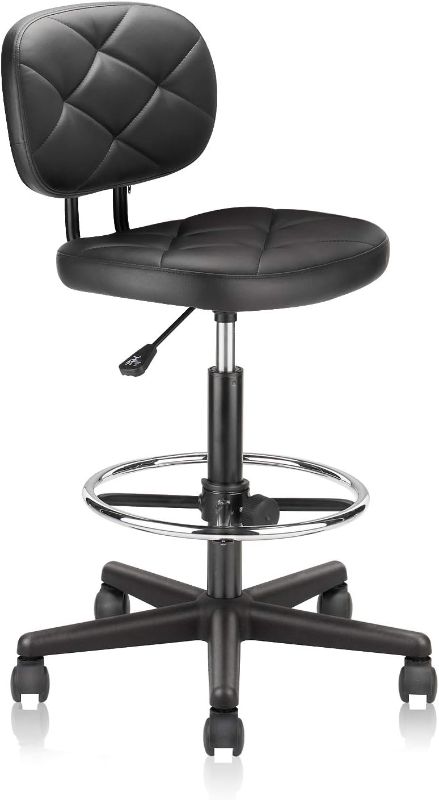 Photo 1 of KLASIKA Round Rolling Stool with Adjustable Height and Pu Leather Backrest Swivel Stool Chair for Salon Tattoo Work Office Massage Black