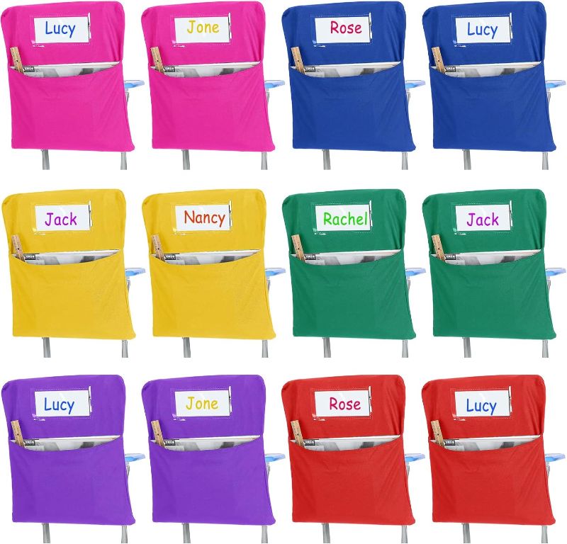 Photo 1 of 24 Pcs Chair Storage Pocket 17 Inch Chair Bag Chair Pockets for Classrooms Student Chair Pockets Classroom Chair Organizer with Name Tag for Keeping Student Book School Table Organized (Multicolor)