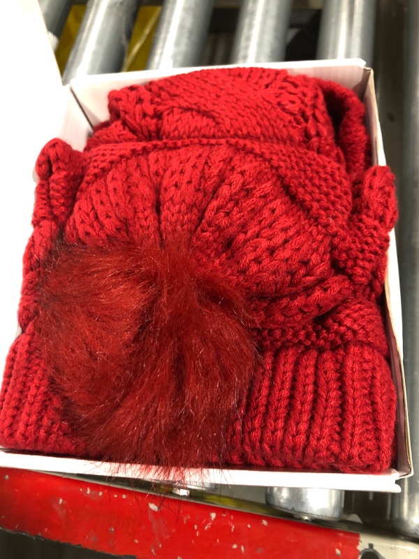 Photo 1 of Double Couple 3pcs Winter Beanie Hat Scarf and Touch Screen Gloves Set for Women Knit Hat with Faux Fur Ball Scarves Glove Red Wine