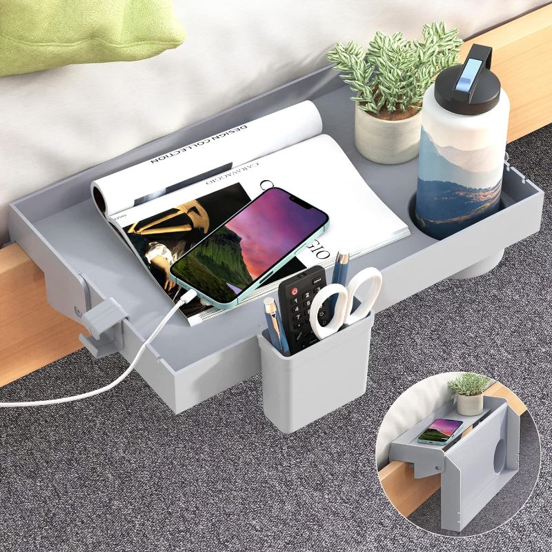 Photo 1 of SOLEJAZZ Bedside Shelf for Bed, Foldable Bunk Bed Shelf Clip On Nightstand Tray College Dorm Room Essential Table Caddy with Cup Holder for Top Bunk Organizer Bedroom, Normal Size, Grey 